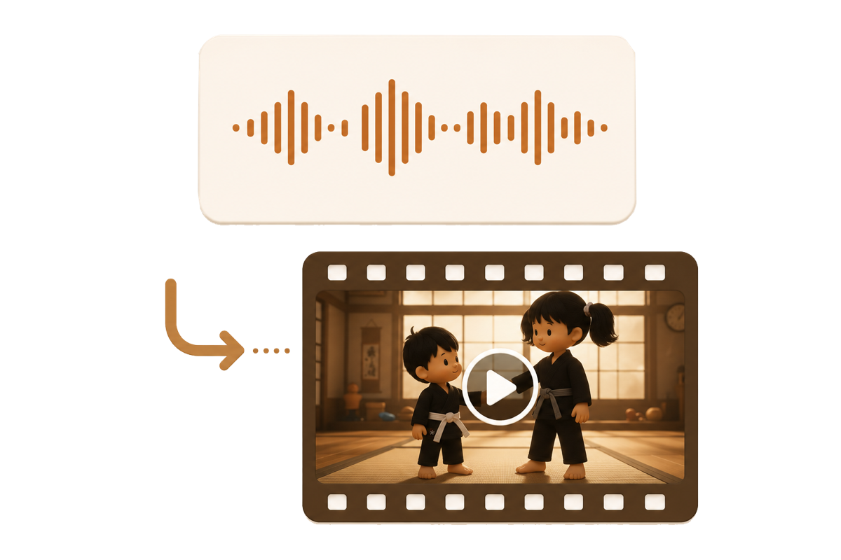 A voice waveform turning into an animated story video